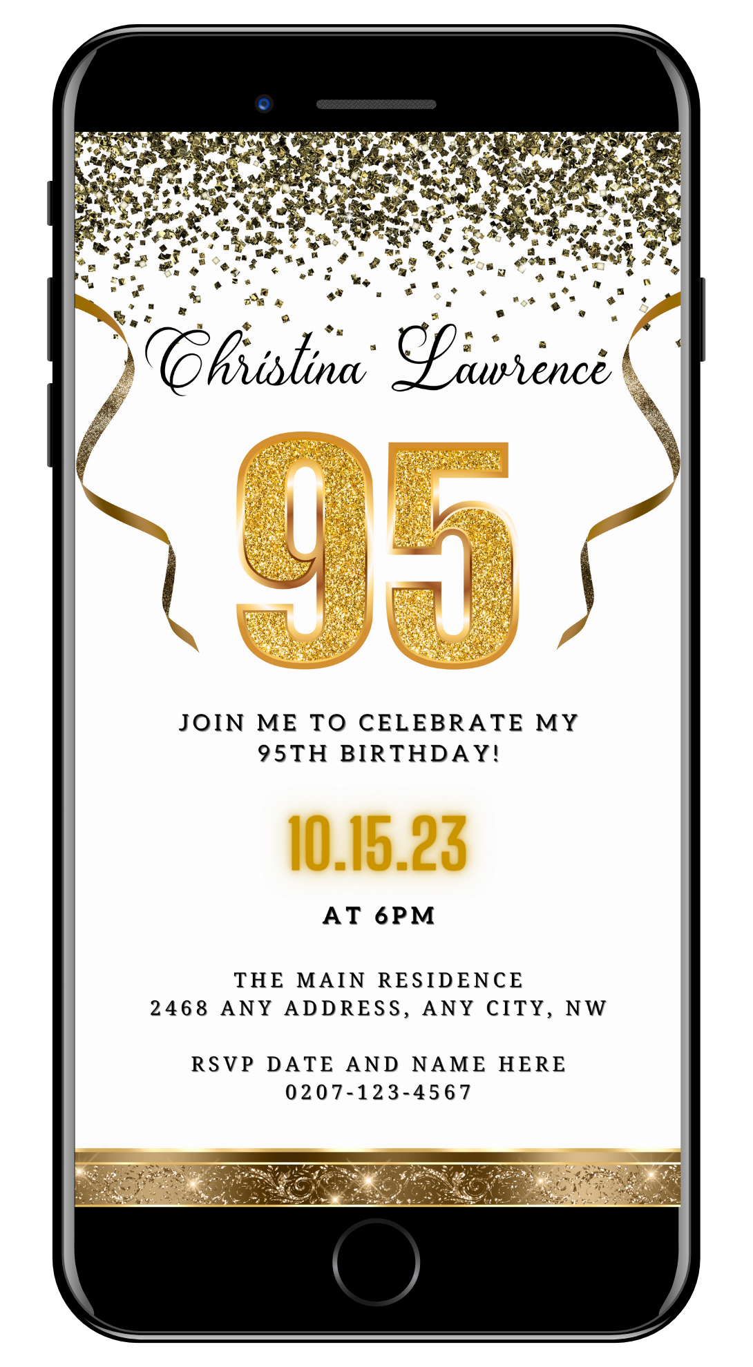 Customizable Digital White Gold Confetti 95th Birthday Evite displayed on a smartphone screen, featuring gold text and ribbon accents.
