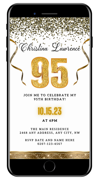 Customizable Digital White Gold Confetti 95th Birthday Evite displayed on a smartphone screen, featuring gold text and ribbon accents.