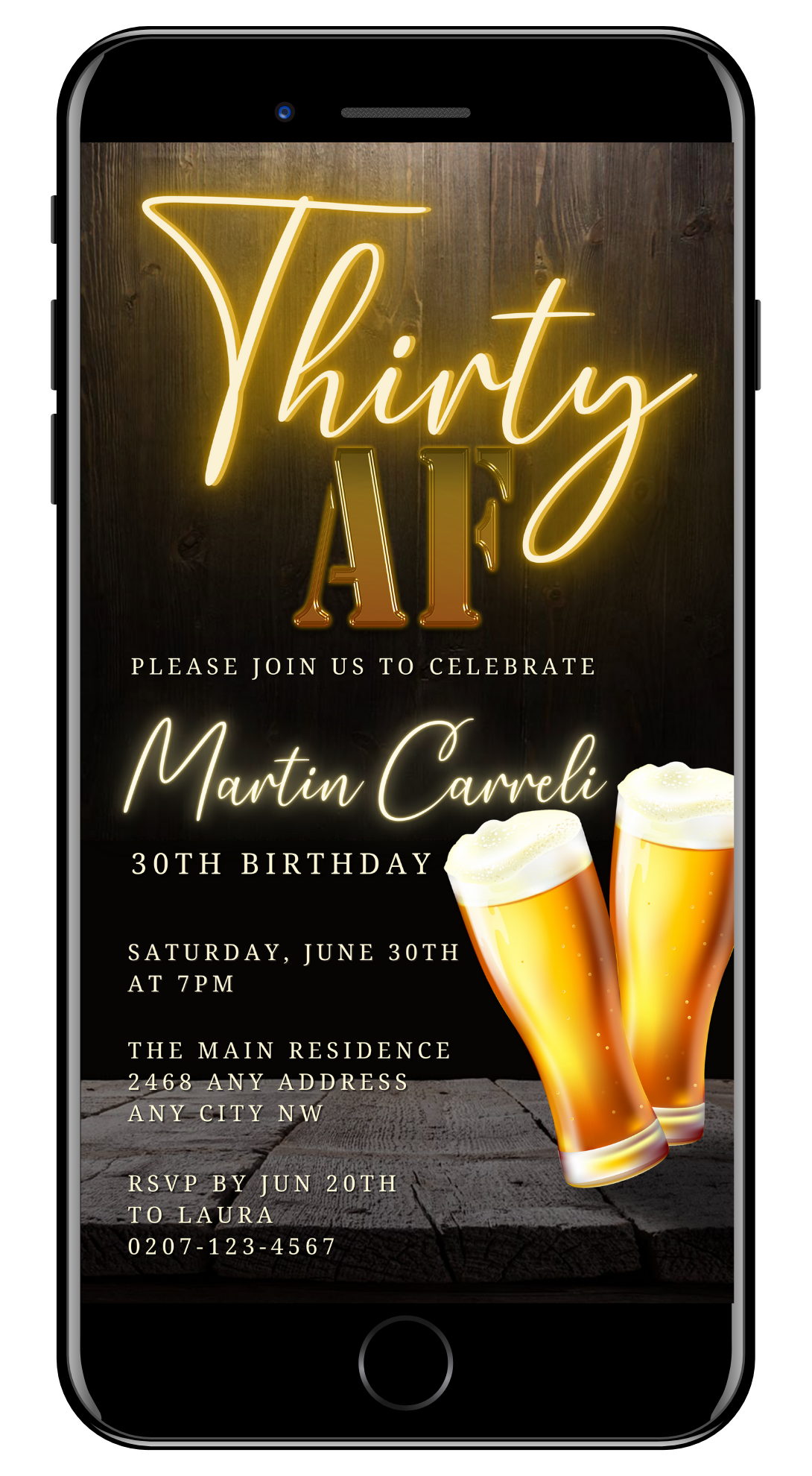 Neon Gold Beer | 30AF Birthday Evite displayed on a smartphone screen with beer glasses, ready for customization and sharing via digital platforms.