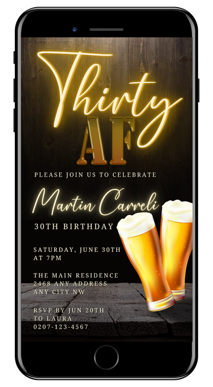 Neon Gold Beer | 30AF Birthday Evite displayed on a smartphone screen with beer glasses, ready for customization and sharing via digital platforms.