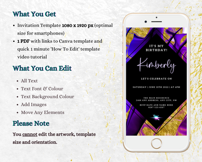 Purple Gold Ankara Editable Birthday Evite displayed on a smartphone screen, showcasing customizable text and design elements for digital invitations.