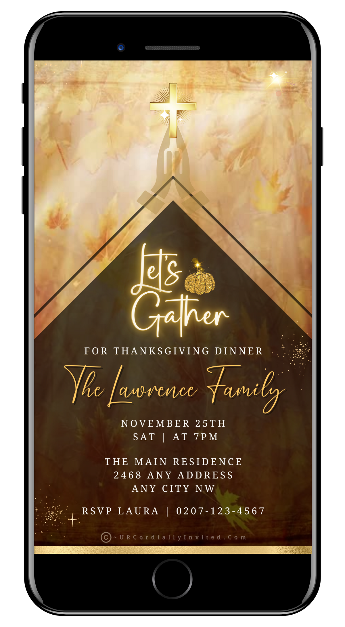 Elegant Thanksgiving dinner video invitation with cross, gold accents, and autumn hues on a phone screen. Animated elements.