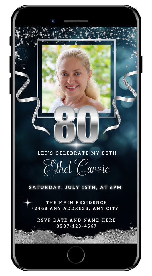 Navy Blue Silver Glitter 80th Birthday Evite displayed on a smartphone screen, featuring a smiling woman’s photo for customizable digital invitations.