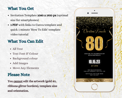 Phone displaying a customizable Black Gold Confetti 80th Birthday Evite template with gold text and ribbons, designed for easy personalization via Canva.