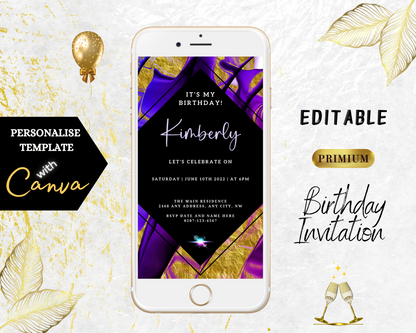 Editable Purple Gold Ankara Birthday Evite on a smartphone screen, showcasing a DIY video invitation template for customization via the Canva app.