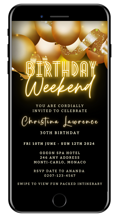Black Neon Gold Balloons | Birthday Weekend Evite displayed on a smartphone screen with yellow balloons, customizable via Canva for easy event personalization and electronic sharing.
