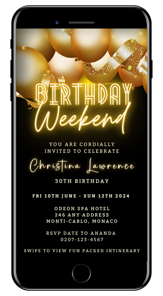 Black Neon Gold Balloons | Birthday Weekend Evite displayed on a smartphone screen with yellow balloons, customizable via Canva for easy event personalization and electronic sharing.