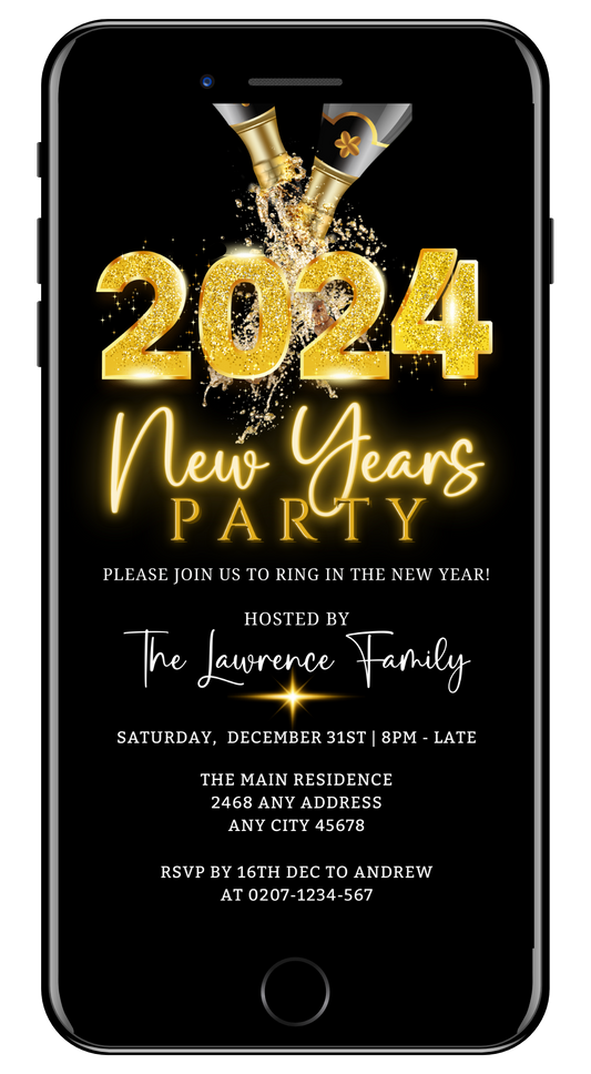 Gold Neon Champagne Bottle Splash | New Years Eve 2024 Party Evite