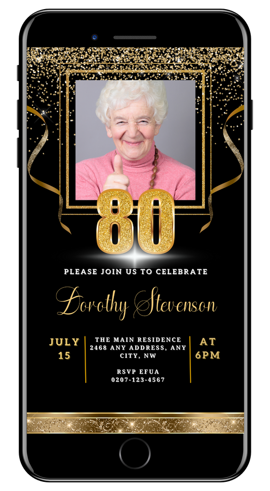 Black Gold Confetti W/Photo | 80th Birthday Evite featuring a smiling woman giving a thumbs up and customizable gold elements on a black background.
