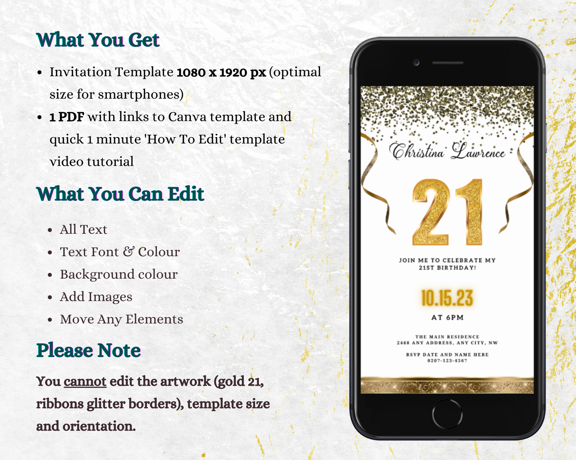 White Gold Confetti 21st Birthday Evite displayed on a smartphone with gold confetti and ribbons, customizable via Canva for easy sharing.