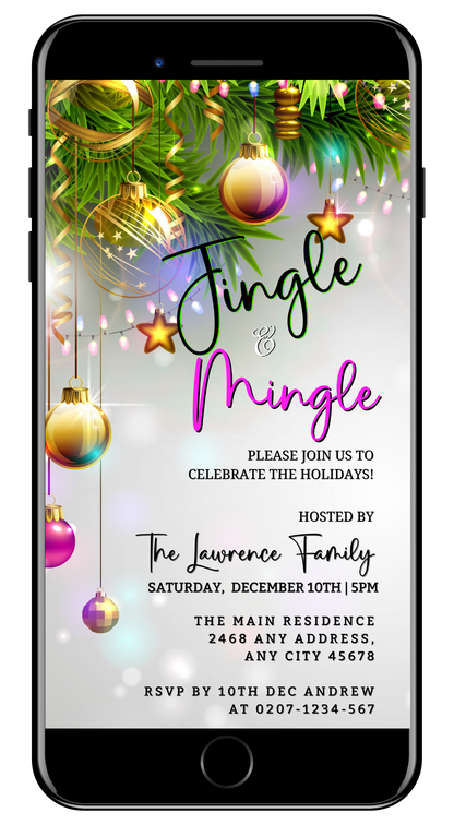 Phone screen displaying Jingle & Mingle Rose Gold Christmas Party Invitation with colorful ornaments and stars. Editable DIY template for smartphones.