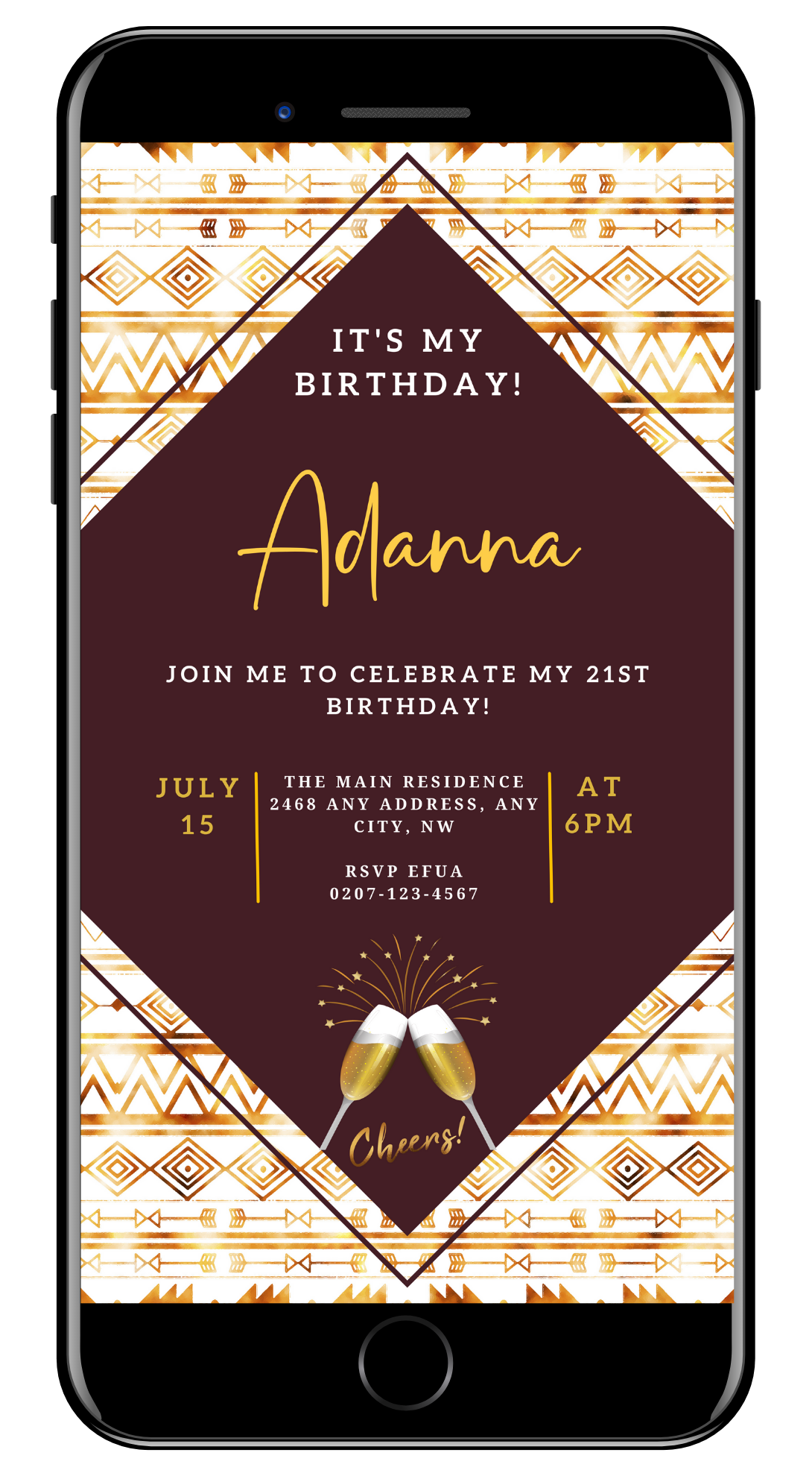 Editable Beige White African Ankara Party Evite displayed on a smartphone screen, showcasing customizable birthday invitation with gold and white text, including champagne glasses and fireworks.