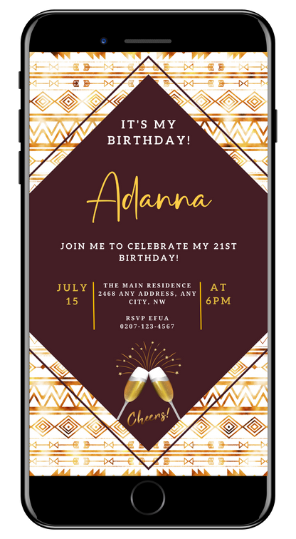 Editable Beige White African Ankara Party Evite displayed on a smartphone screen, showcasing customizable birthday invitation with gold and white text, including champagne glasses and fireworks.