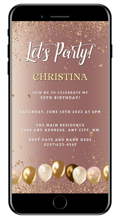 Rose Gold Balloons | Editable Birthday Evite displayed on a smartphone with a pink and gold invitation, surrounded by white and gold balloons.