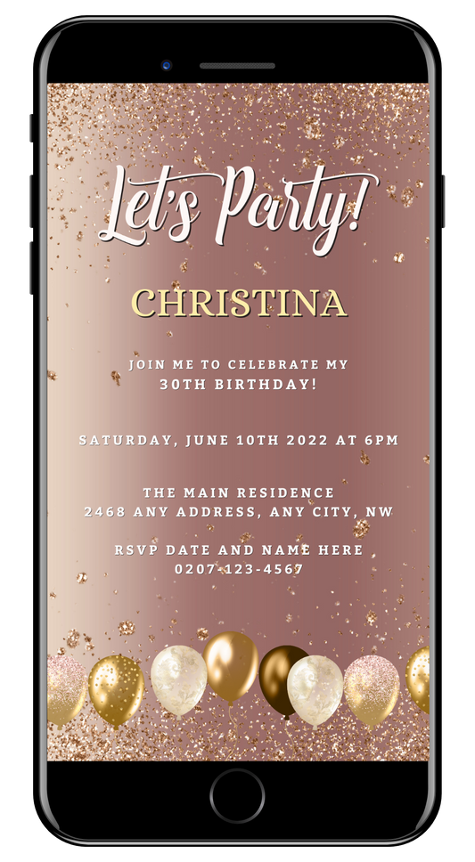 Rose Gold Balloons | Editable Birthday Evite displayed on a smartphone with a pink and gold invitation, surrounded by white and gold balloons.
