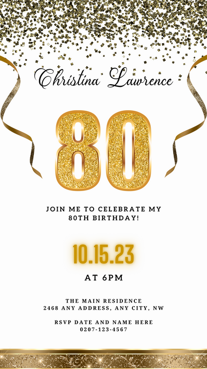 White Gold Confetti 80th Birthday Evite featuring gold numbers and ribbons, customizable via Canva for digital sharing.