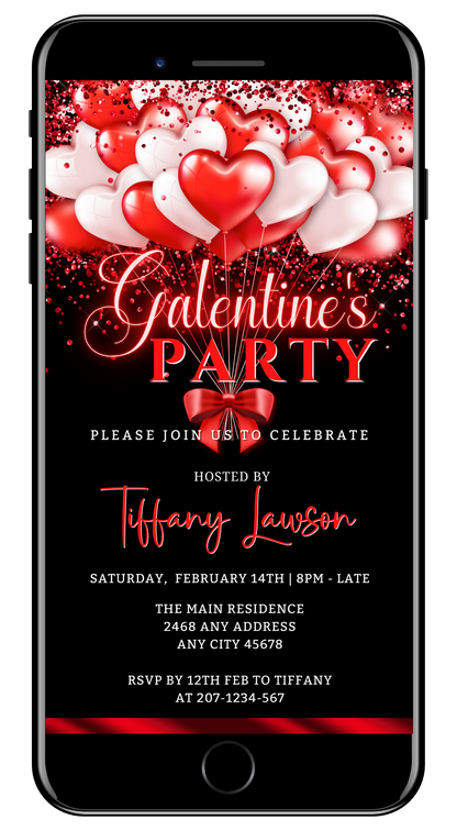 Digital Galentines Party Evite featuring neon red and white heart balloons on a customizable smartphone template for DIY event invitations.