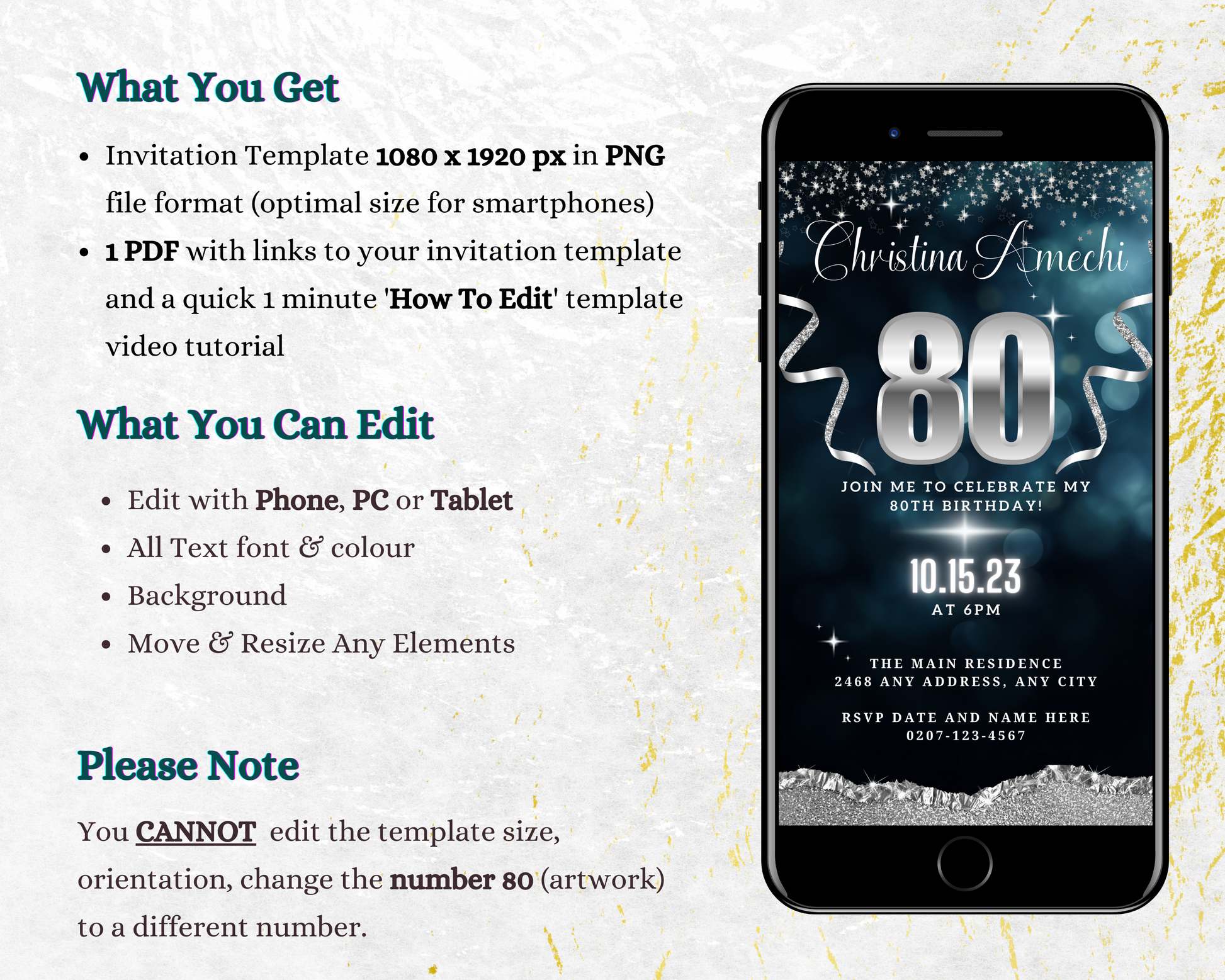 Customisable Digital Navy Blue Silver Glitter 80th Birthday Evite displayed on a smartphone screen. Includes editable text and design elements for personalizing event details via Canva.