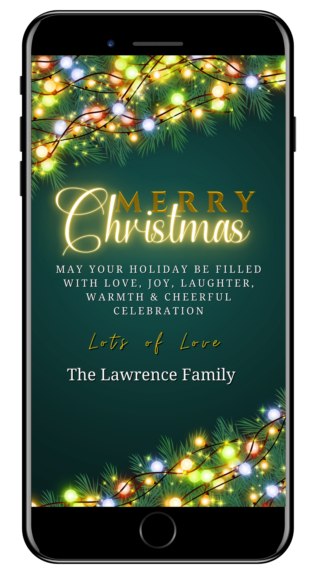 Merry Christmas ecard with colorful neon lights on a green background, customizable via Canva for smartphones.