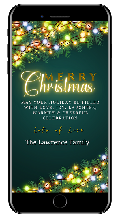 Merry Christmas ecard with colorful neon lights on a green background, customizable via Canva for smartphones.