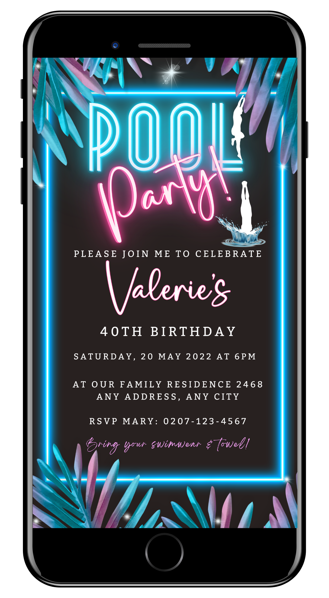 BBQ Swim Pool Party | Digital Invite displayed on a smartphone screen, showcasing a customizable neon-themed invitation editable via Canva for electronic sharing.