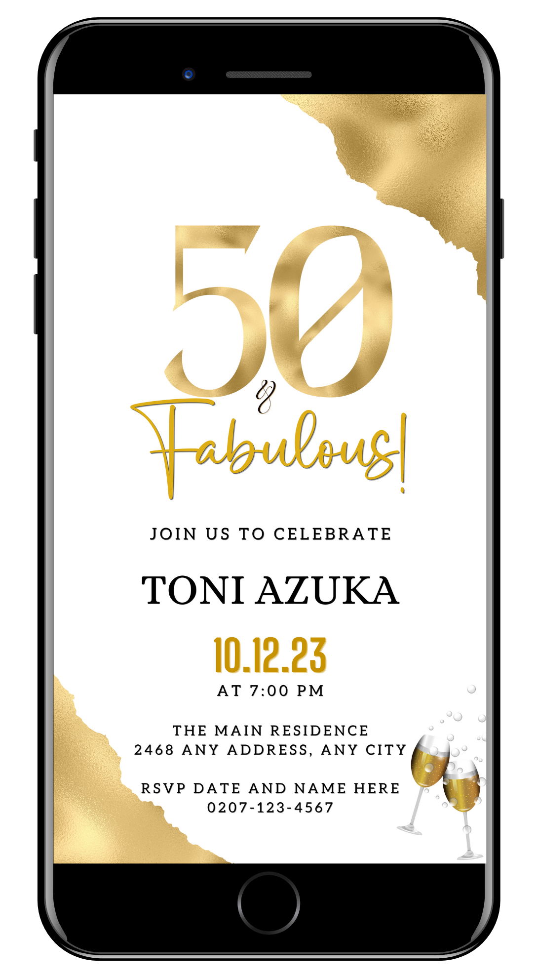 Gold White | 50 & Fabulous Party Evite displayed on a smartphone screen, highlighting the customizable digital invitation template for easy personalization via Canva.