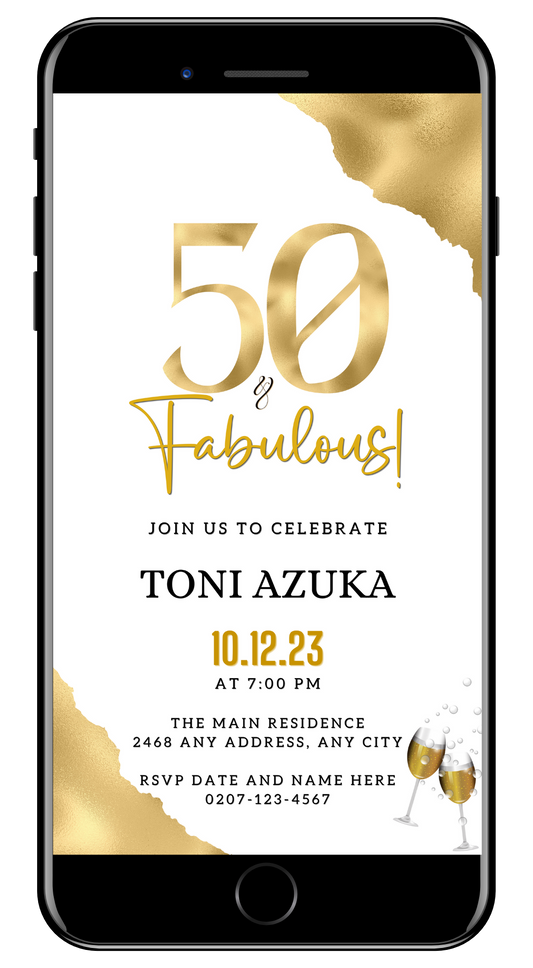 Gold White | 50 & Fabulous Party Evite displayed on a smartphone screen, highlighting the customizable digital invitation template for easy personalization via Canva.