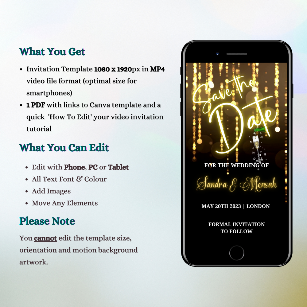 Gold Chandelier Sparkle Save The Date Video Invitation displayed on a smartphone screen, customizable via Canva for various events. Includes text editing and multimedia sharing options.