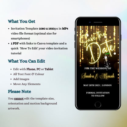 Gold Chandelier Sparkle Save The Date Video Invitation displayed on a smartphone screen, customizable via Canva for various events. Includes text editing and multimedia sharing options.