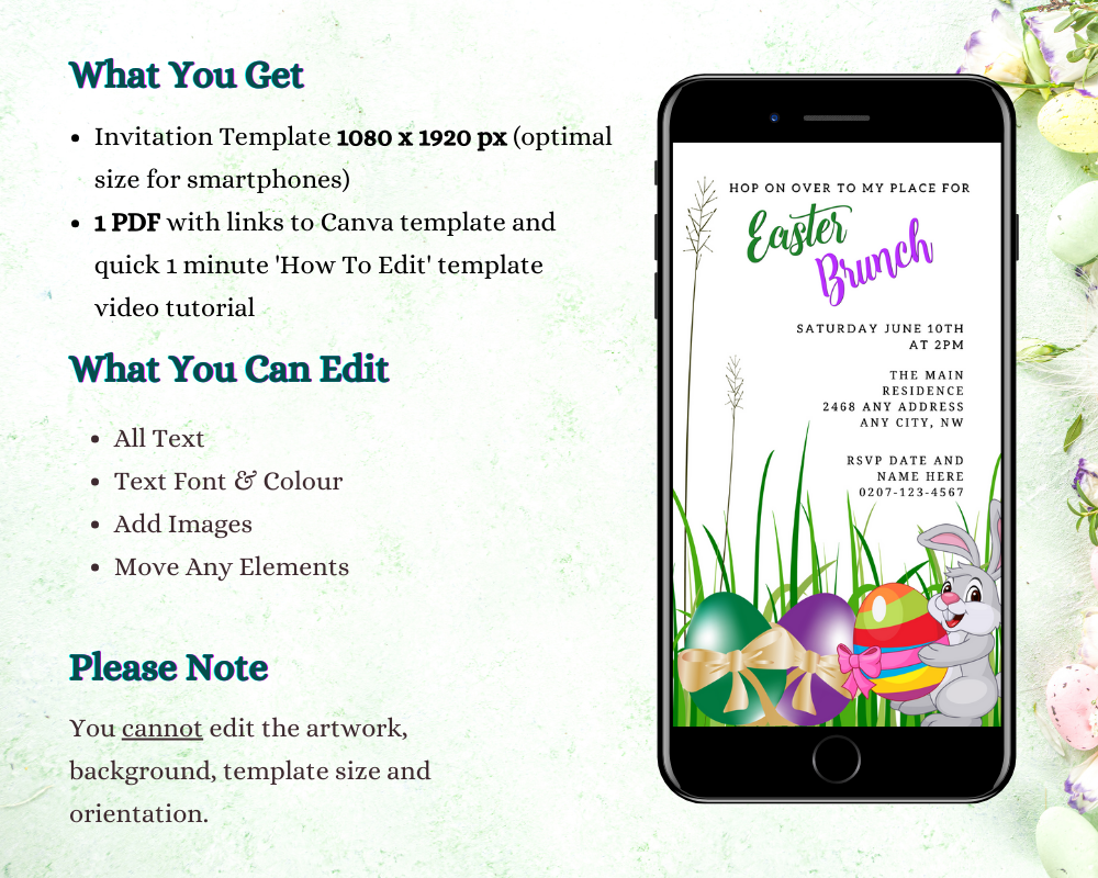 Cell phone showing a customizable Cute Bunny & Colourful Easter Eggs Easter Party Evite template for easy editing and sharing.