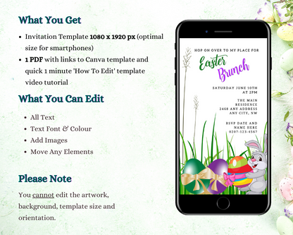 Cell phone showing a customizable Cute Bunny & Colourful Easter Eggs Easter Party Evite template for easy editing and sharing.