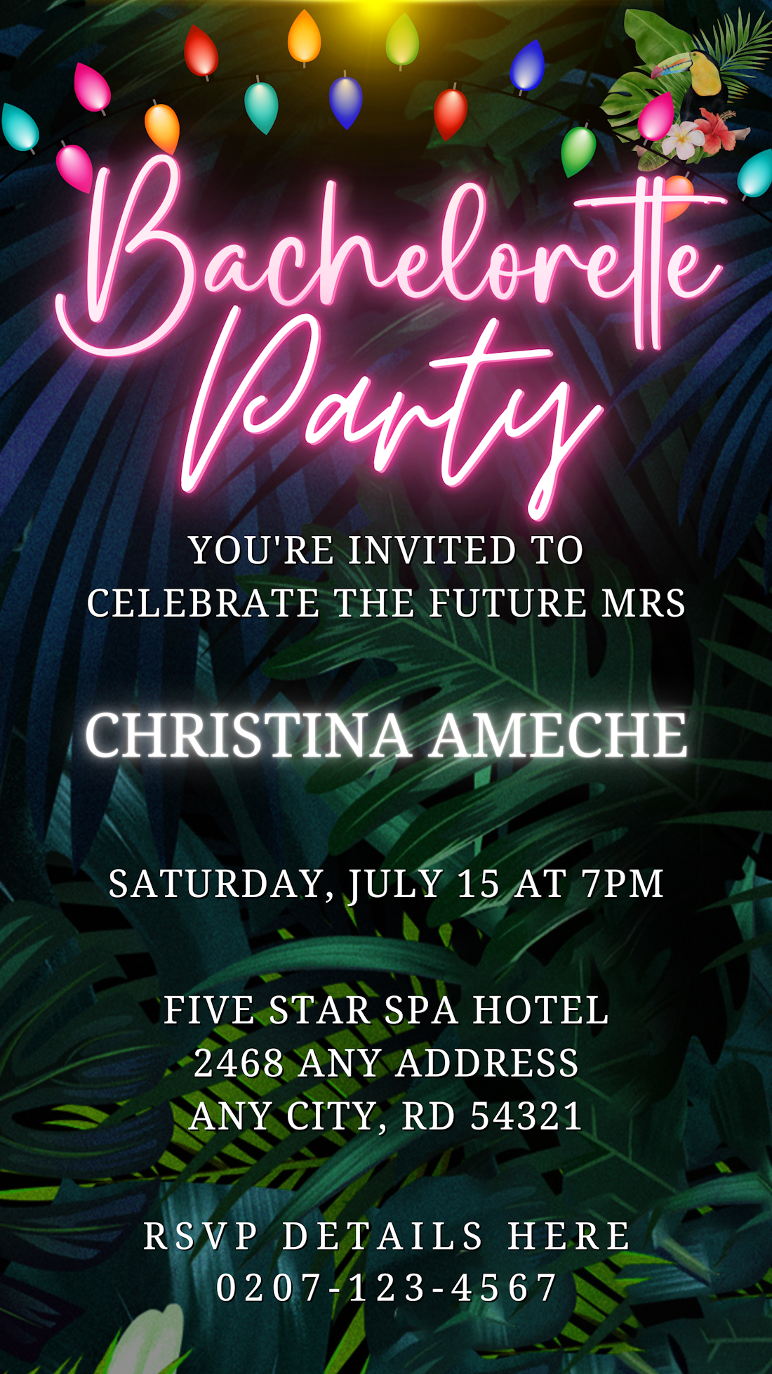 Colourful Tropical Neon Pink Bachelorette Party Evite with customisable text, featuring a pink neon sign on a black background with tropical palm leaves.