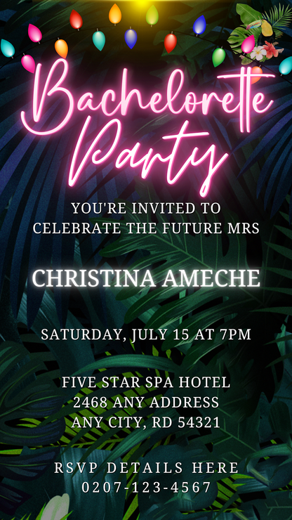 Colourful Tropical Neon Pink Bachelorette Party Evite with customisable text, featuring a pink neon sign on a black background with tropical palm leaves.