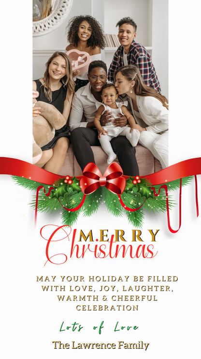 People on a couch with a baby, featuring a Red Bow Ornament W/Photo | Merry Christmas Greeting Ecard, editable via Canva for personalized digital invitations.
