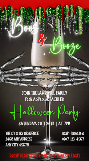 Creepy Skeleton Hands Champagne glass held by a skeleton hand, promoting a Halloween party video invite.