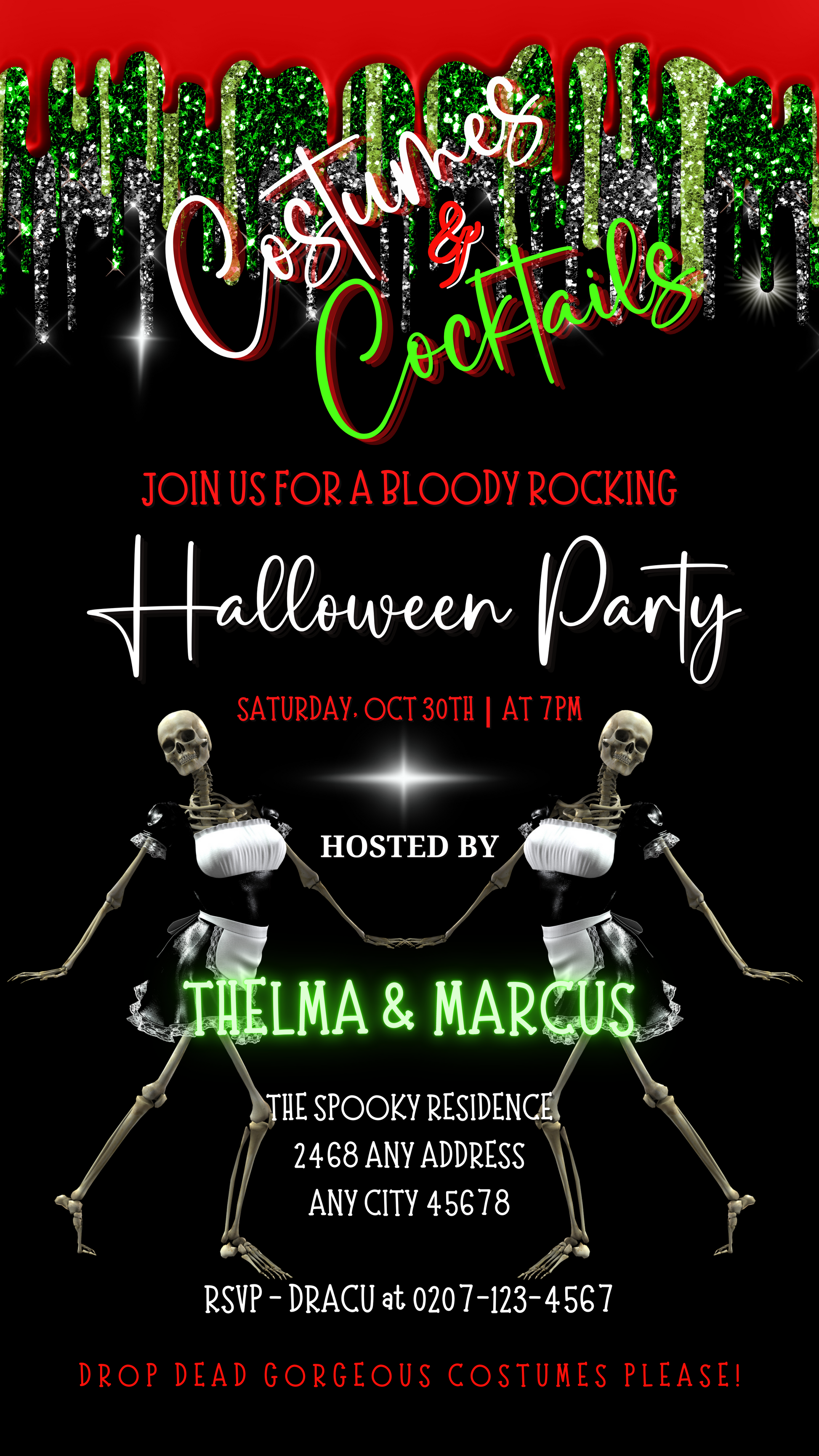 Funny Dancing Fancy Skeletons Costumes & Cocktails | Halloween Evite featuring skeletons in maid dresses and glitter accents, customizable with Canva for digital invitations.