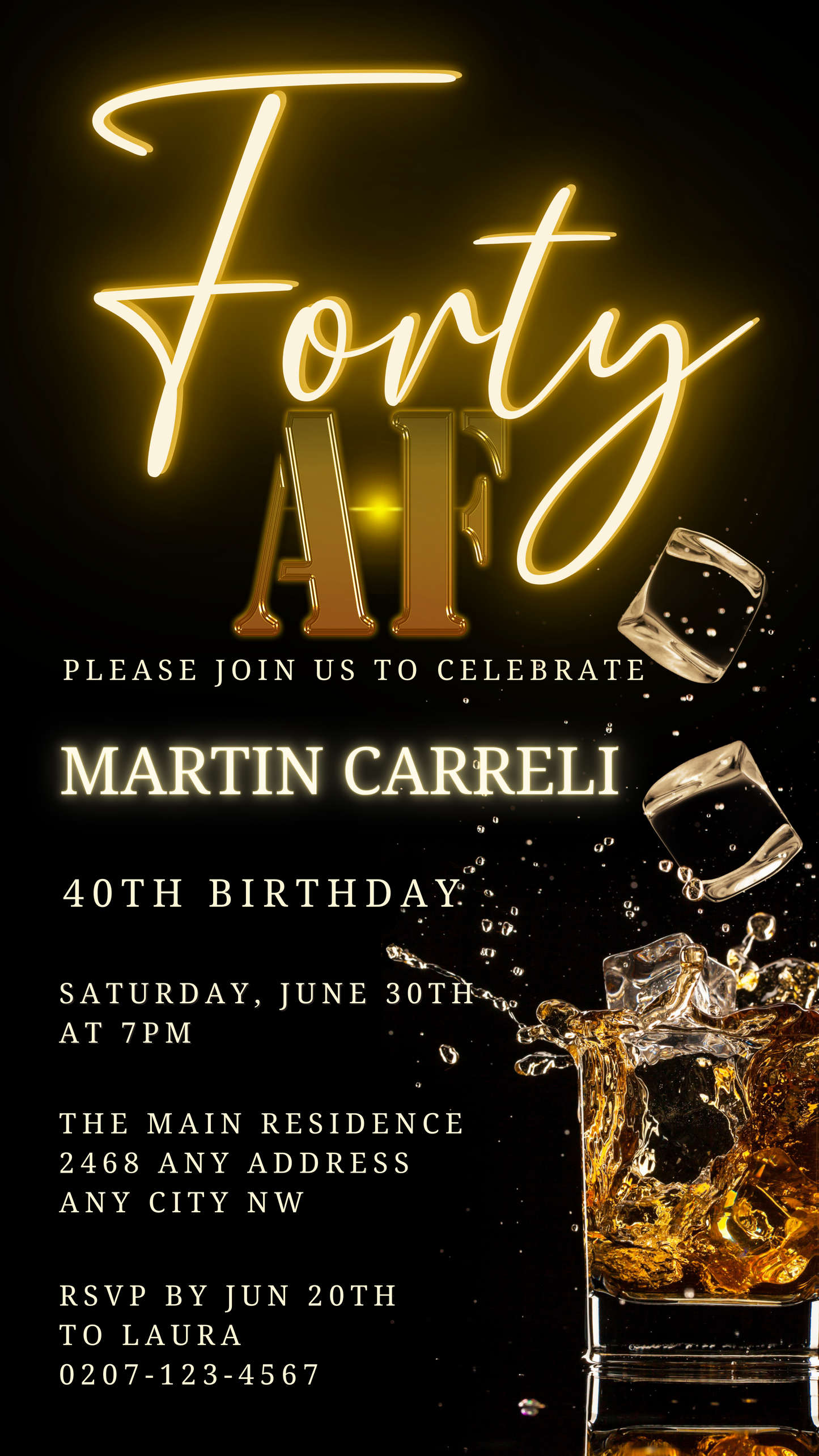 Customisable Black Gold Neon Cube Splash 40AF Birthday Evite featuring gold text, ice cubes, and neon accents, editable via Canva for digital sharing.