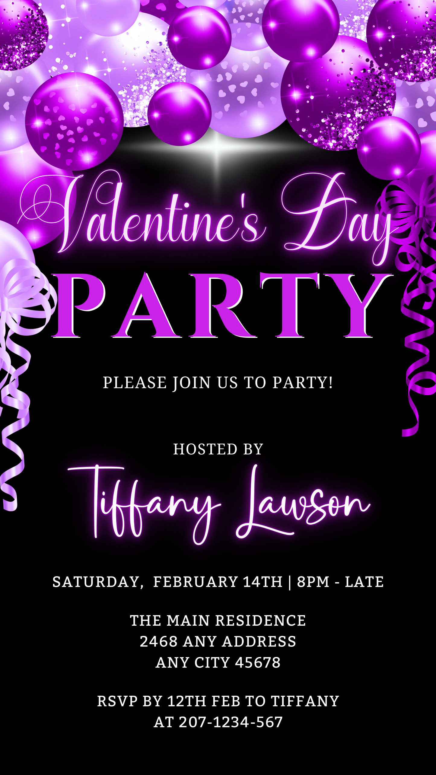 Editable Neon Purple Balloons Valentine's Party Evite, featuring heart and sparkle designs, customizable via Canva for digital sharing through text or email.