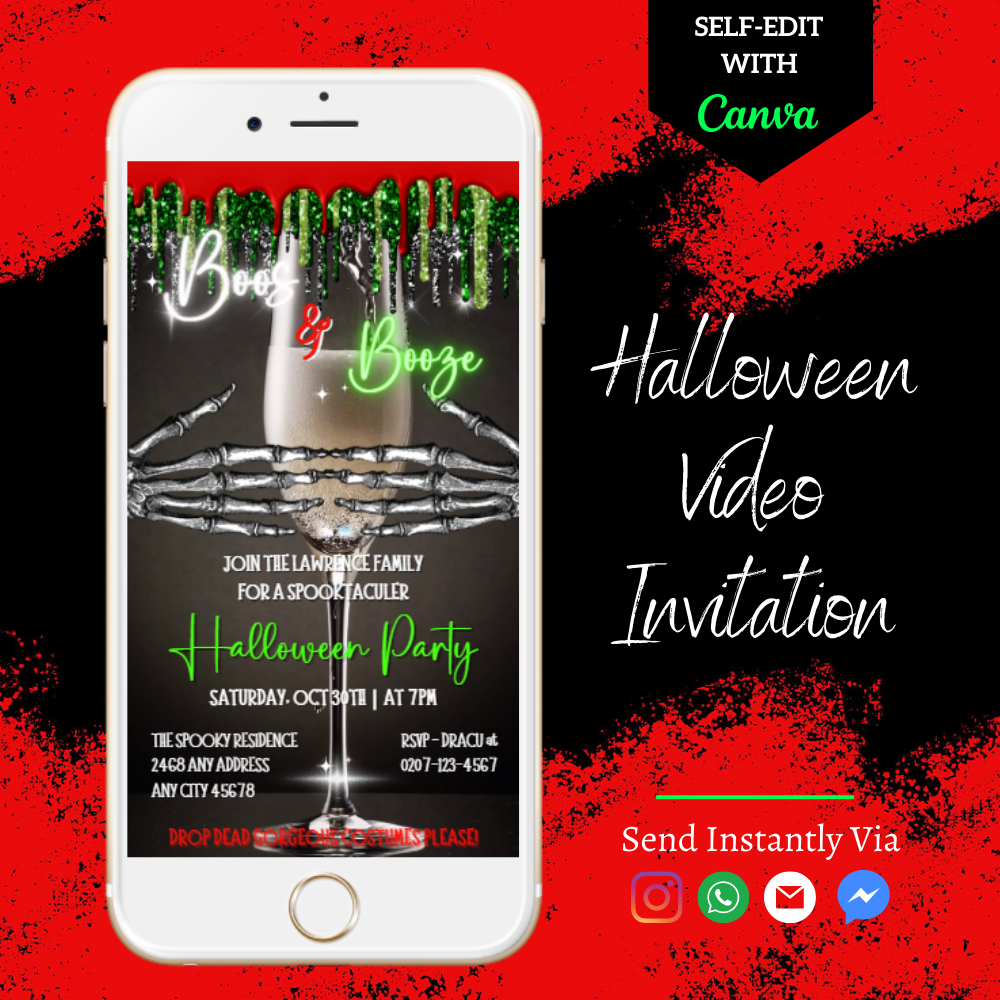 A mobile phone displaying a Creepy Skeleton Hands Champagne Halloween Party Video Invite with a spooky sound track, editable via Canva.