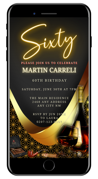 Customizable Black Gold Neon Cigar Men's 60th Birthday Evite displayed on a smartphone screen, featuring editable text and design elements for personalizing your event invitation.
