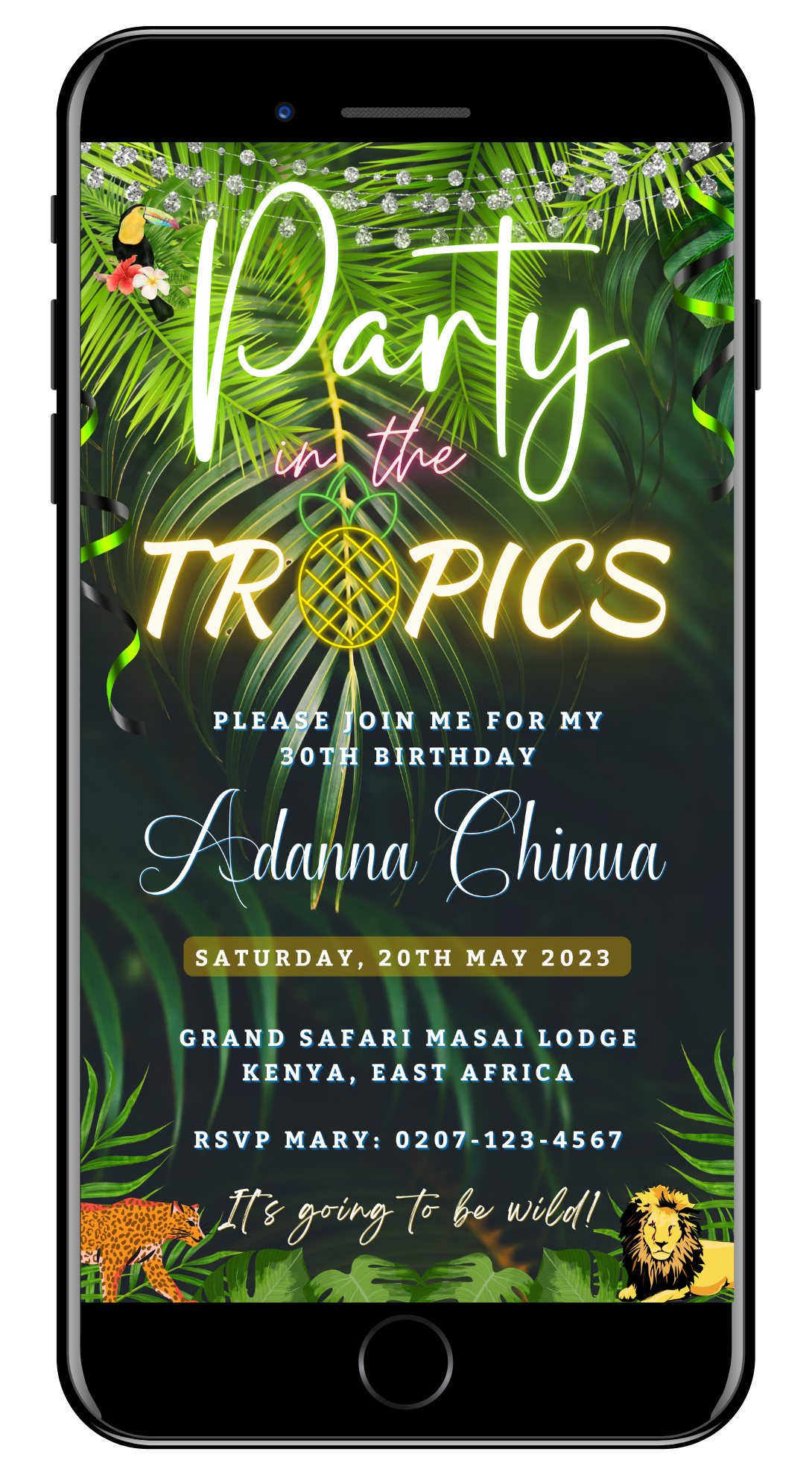 Luau BBQ Pool Party digital invite on a smartphone screen, featuring editable text and graphics for custom event details.