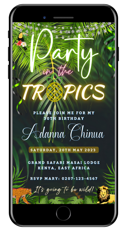 Luau BBQ Pool Party digital invite on a smartphone screen, featuring editable text and graphics for custom event details.