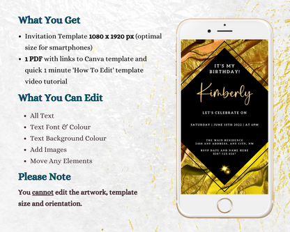 Gold Black Ankara birthday evite displayed on a cellphone, showcasing editable digital invitation template for DIY personalization via Canva.