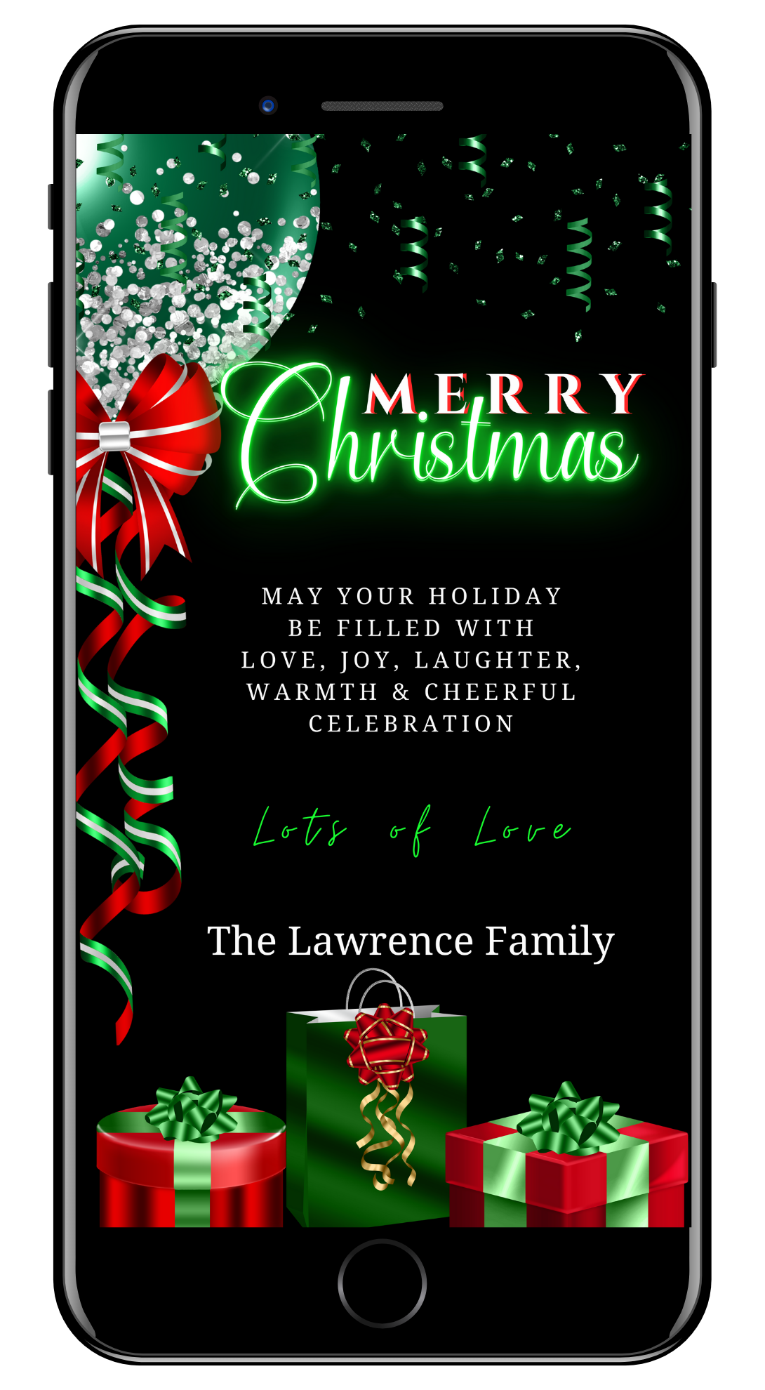 Editable digital ecard featuring a green neon present and red-green balloons on a smartphone screen, perfect for customizing Merry Christmas invitations with Canva.