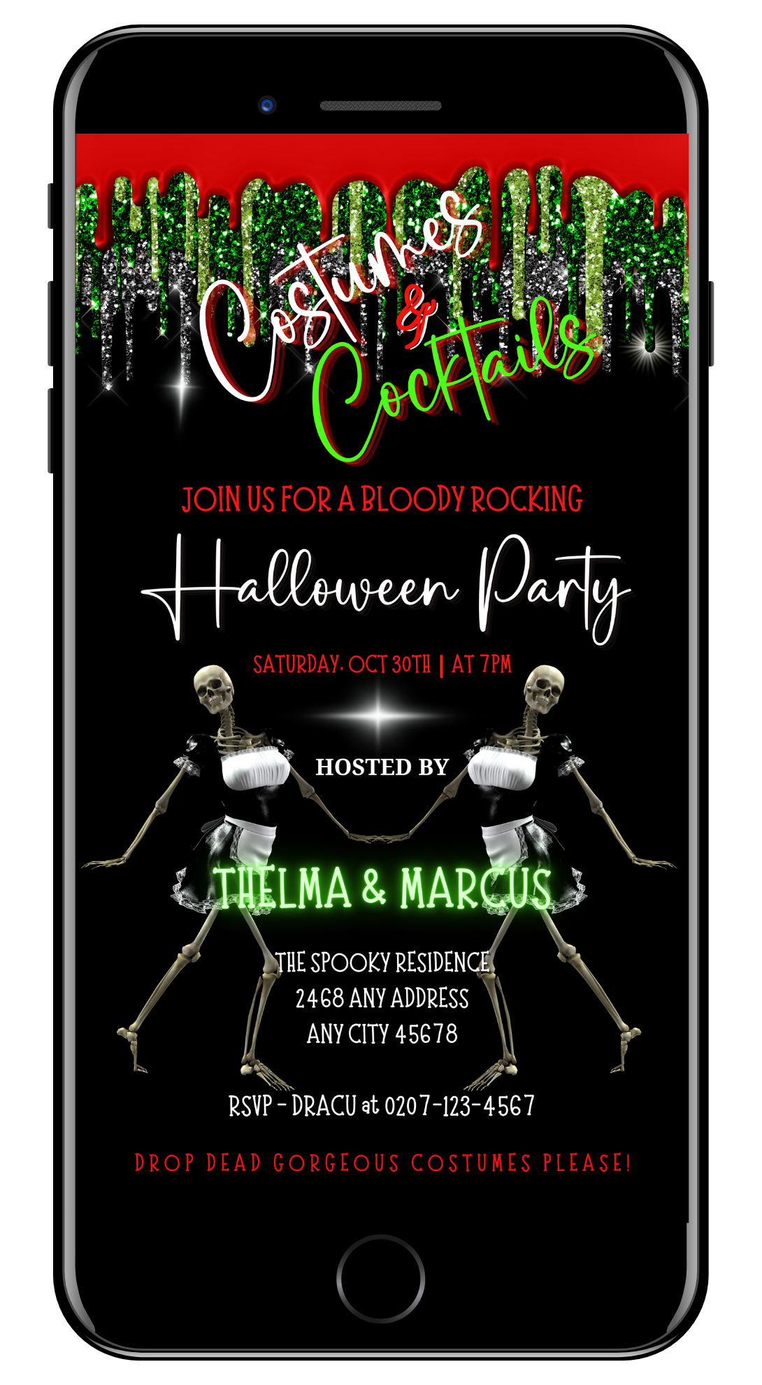 Funny Dancing Fancy Skeletons Costumes & Cocktails | Halloween Evite: Poster with skeletons in maid dresses and customizable white text for a Halloween party invitation.