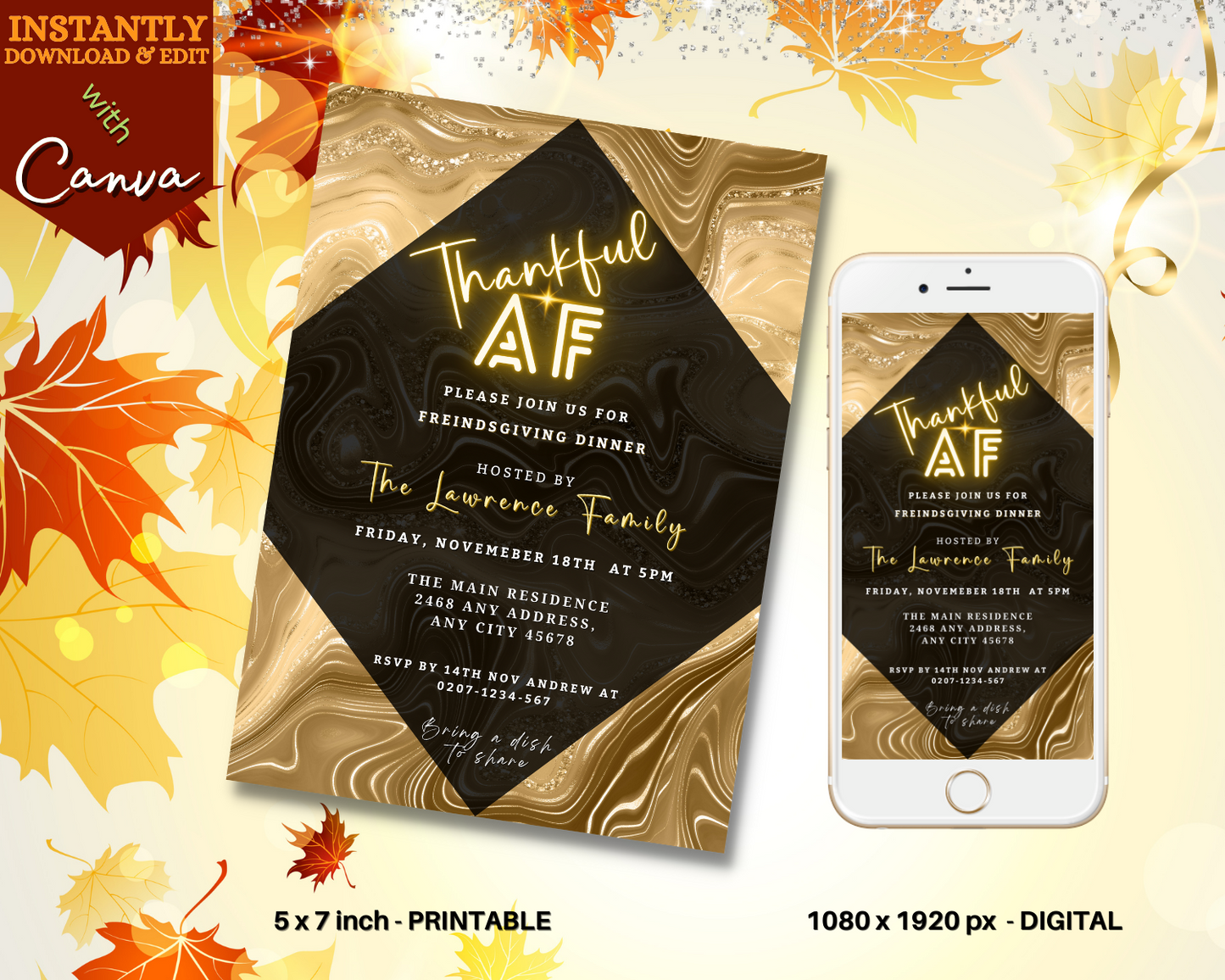 Gold Pumpkin Glitter Foil | Thankful AF Thanksgiving Evite template shown on a mobile phone with a black and gold invitation card.