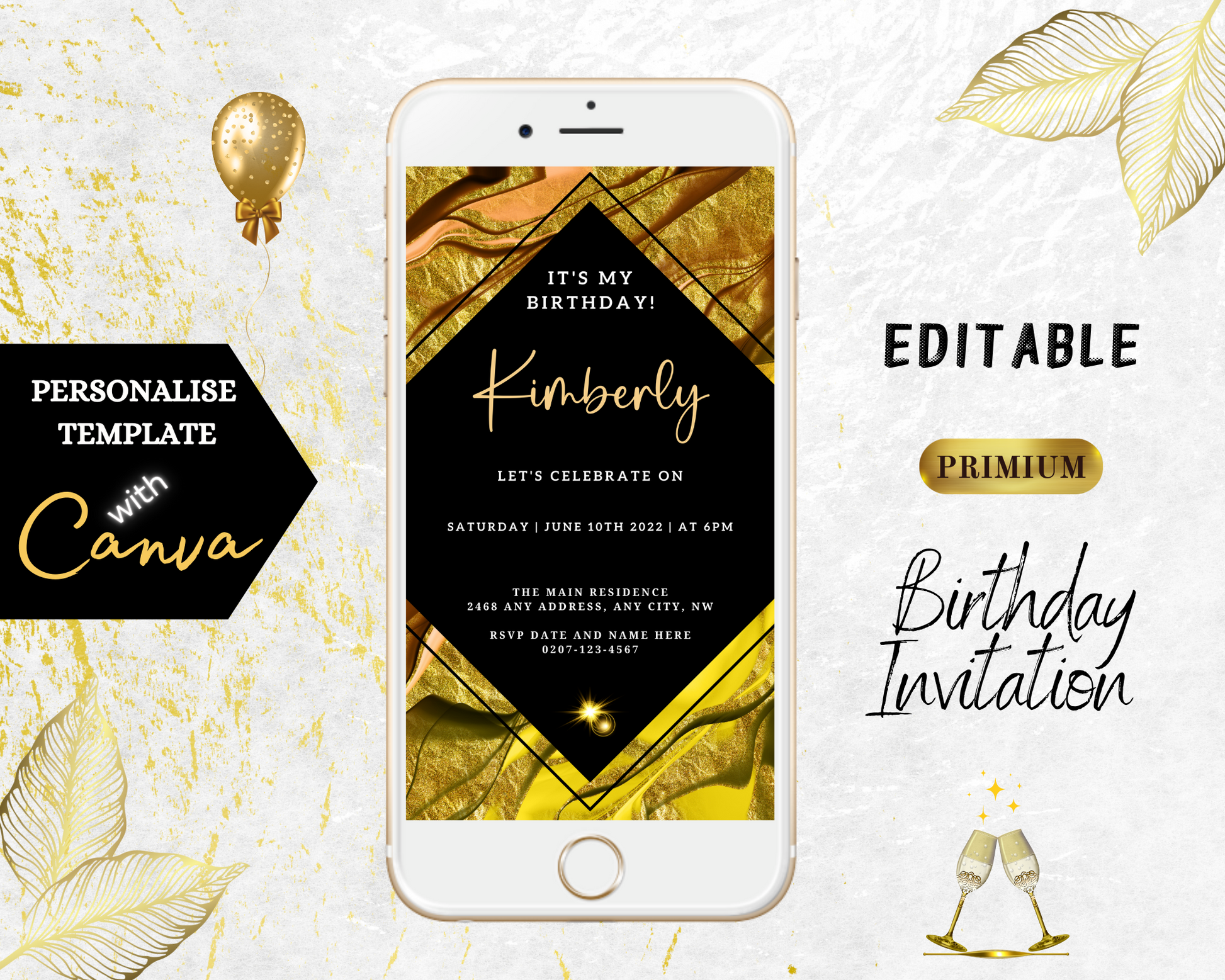 Gold Black Ankara Editable Birthday Evite displayed on a white smartphone screen, with invitation text and gold decorative elements visible.