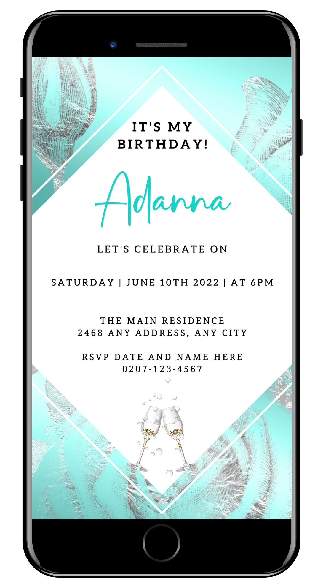 Editable Teal White Silver Floral Customisable Birthday Evite shown on a smartphone, featuring a birthday invitation template with silver and blue accents, ready for personalization via Canva.