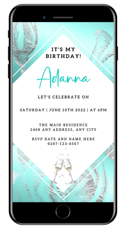 Editable Teal White Silver Floral Customisable Birthday Evite shown on a smartphone, featuring a birthday invitation template with silver and blue accents, ready for personalization via Canva.