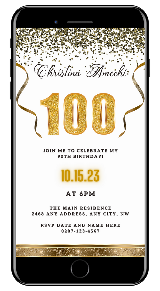 Customizable White Gold Confetti 100th Birthday Evite, featuring a smartphone with gold text and ribbons, ideal for digital invitations via Text, Email, and WhatsApp.